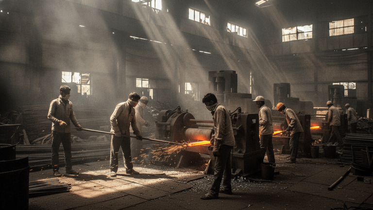 A group of manual laborers working in a steel production unit with visible heat, dust, and industrial machinery.