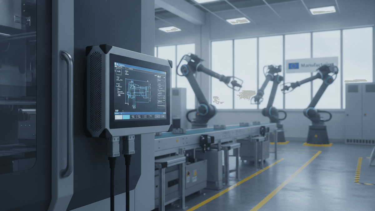 A ruggedized Industrial PC attached to factory machinery, displaying data. Robotic arms are visible in the background of a factory.