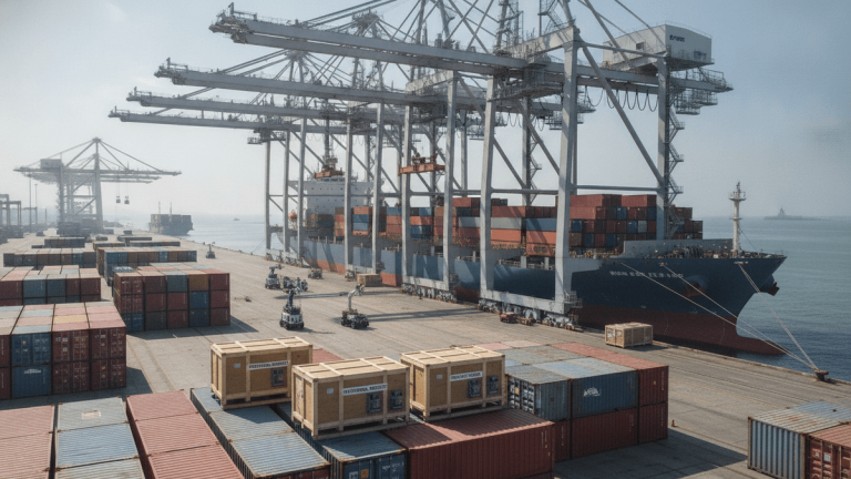 A medium-wide, slightly elevated shot of a bustling Chinese shipping port with cranes loading containers onto a large cargo ship.