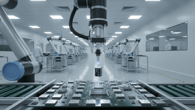A robotic arm lowers a chip onto a circuit board in a high-tech factory. Cleanroom workers are visible in the background.
