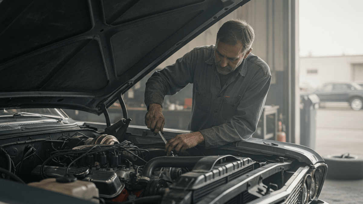 A mechanic works on the engine of a vintage car in a garage, holding a wrench in his hands.