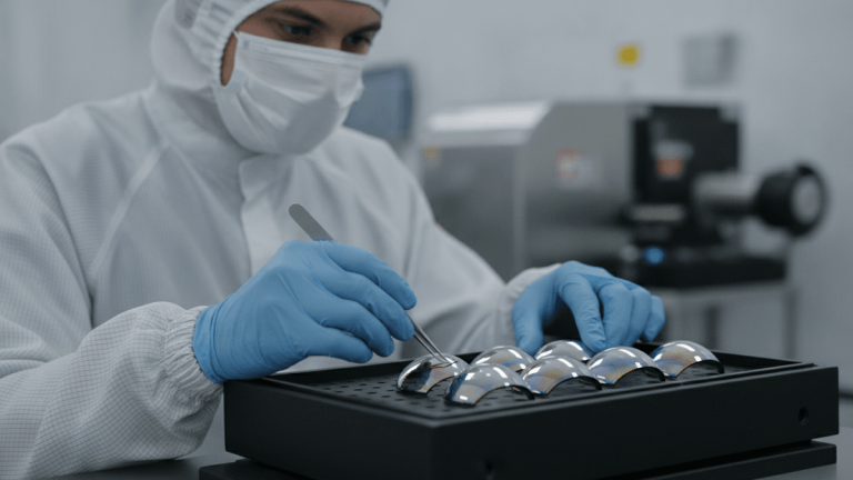 A gloved technician in a cleanroom carefully arranges iridescent optical lenses on a black tray.