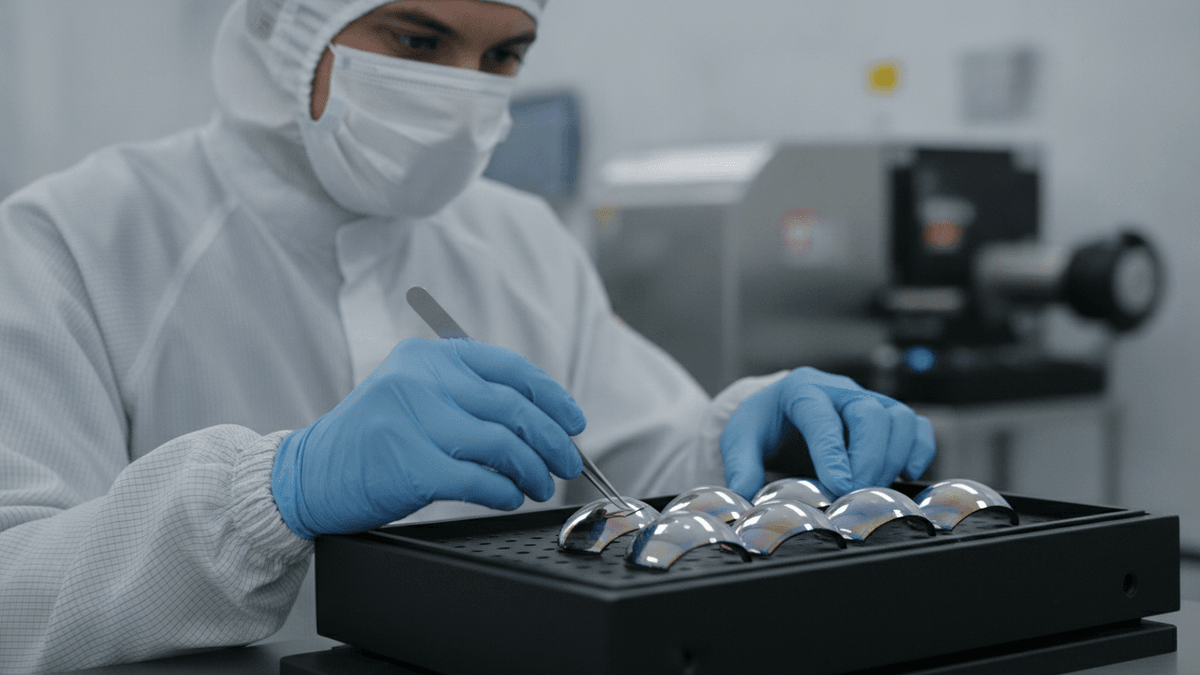 A gloved technician in a cleanroom carefully arranges iridescent optical lenses on a black tray.
