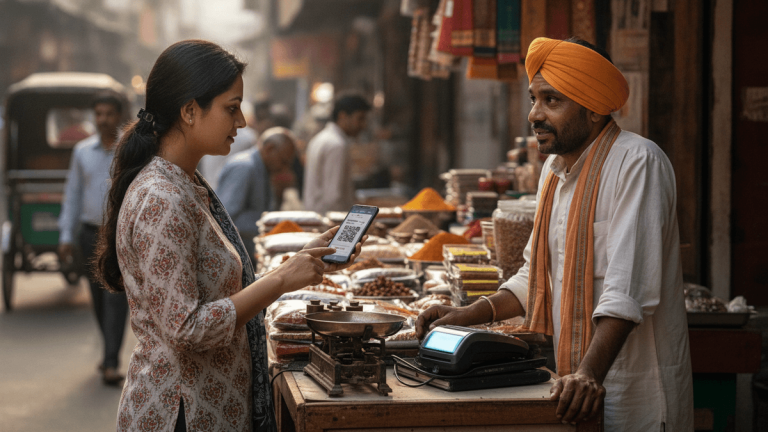 A woman uses her phone to pay a male merchant at a market stall with spices and other goods.