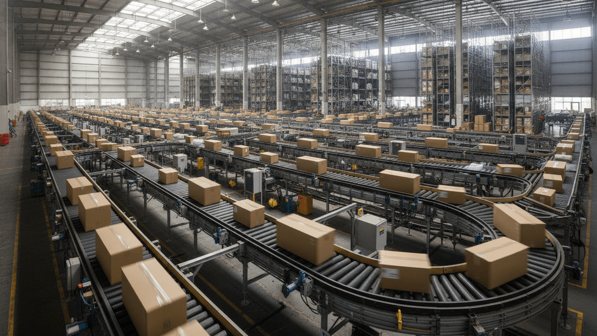 Wide, elevated shot of a large, brightly lit industrial facility with packages moving on a complex network of conveyor belts.