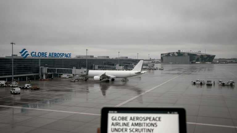 A wide, elevated shot of an airport tarmac shows a white commercial jet, a terminal building with "Globe Aerospace" branding, and a distant defense-suggestive hangar, all under a grey, overcast sky.