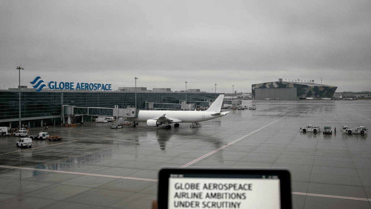 A wide, elevated shot of an airport tarmac shows a white commercial jet, a terminal building with "Globe Aerospace" branding, and a distant defense-suggestive hangar, all under a grey, overcast sky.