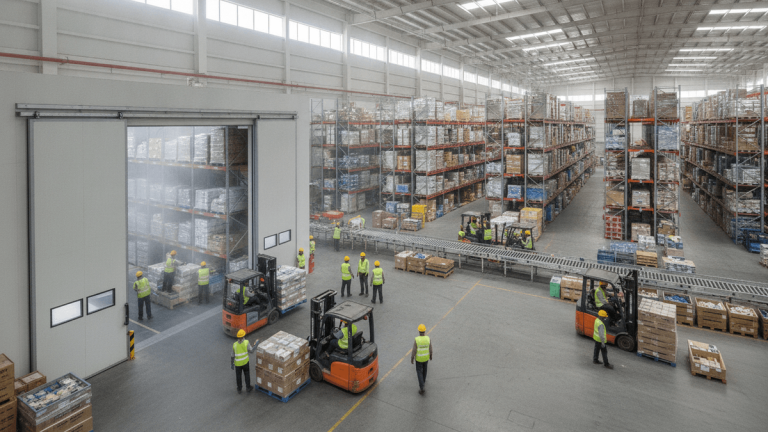 Wide shot of a large, modern logistics and cold storage warehouse with workers, forklifts, and rows of storage racks.