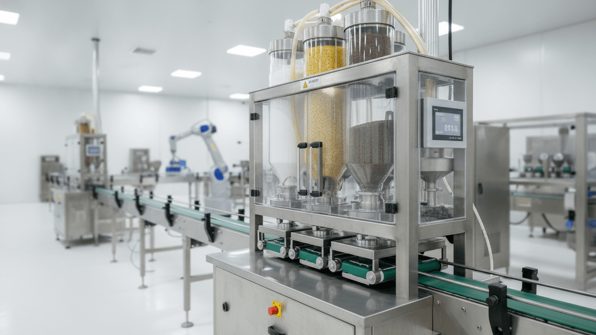 A multi-component continuous gravimetric blender precisely dosing materials on an automated production line in a clean industrial facility.