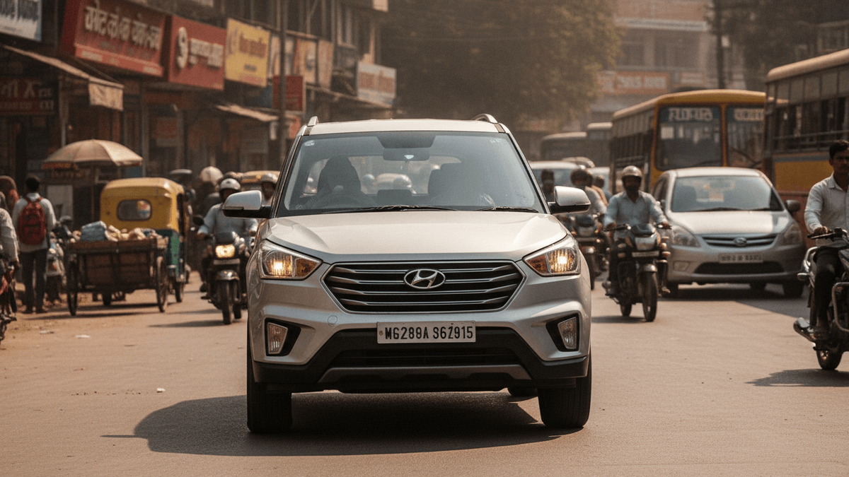 A silver Hyundai SUV drives directly towards the viewer on a busy, sunlit Indian street, surrounded by motorcycles, rickshaws, and buses.