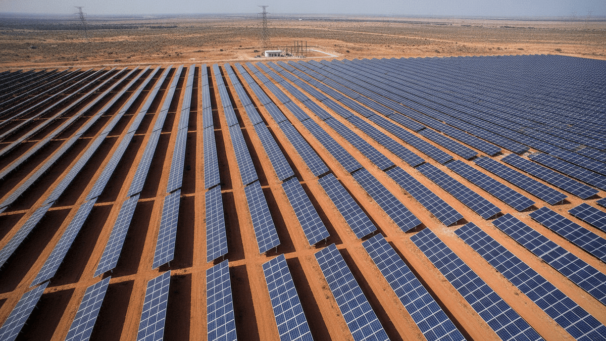 Aerial view of a vast solar power plant with rows of panels on reddish-brown earth, a substation, and transmission lines.