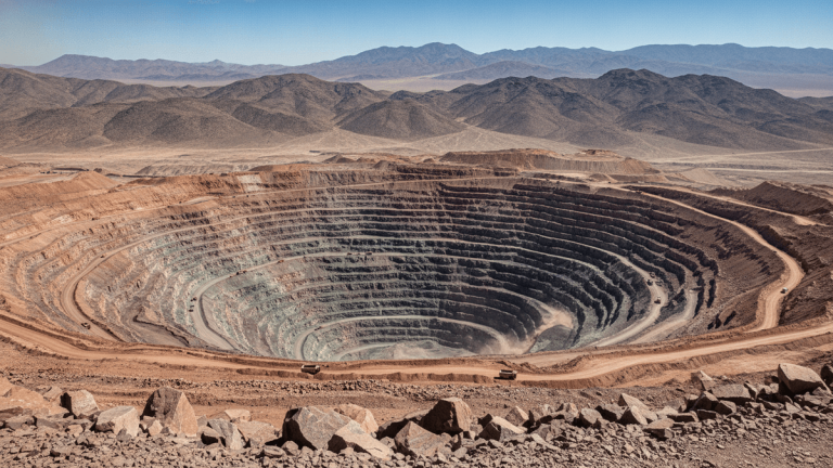 An aerial view of a massive open-pit copper mine with terraced layers of rock and visible mining vehicles.