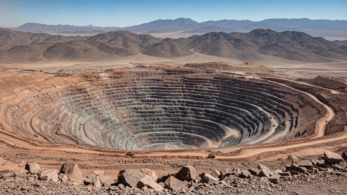 An aerial view of a massive open-pit copper mine with terraced layers of rock and visible mining vehicles.