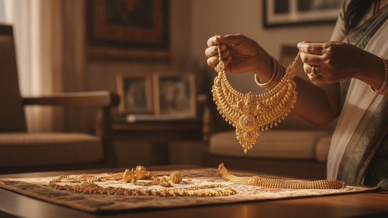 A person's hands hold an intricate gold necklace, with other gold jewelry laid out on a patterned cloth on a table.