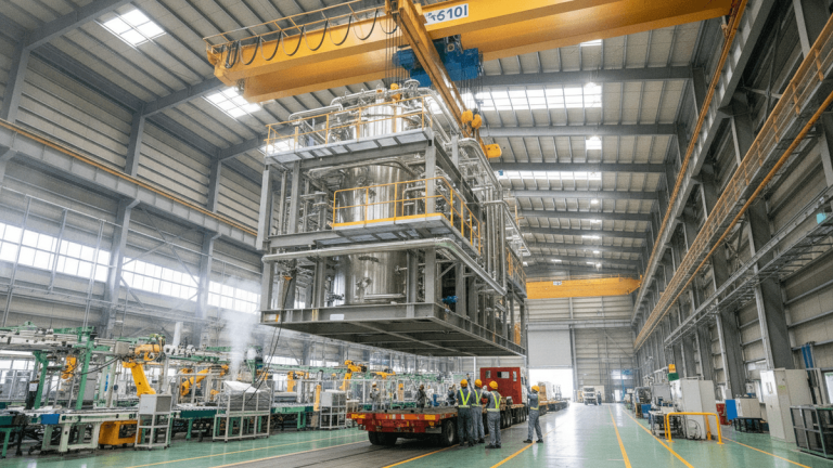 A large industrial chemical processing unit is being lifted by an overhead crane in a modern Japanese manufacturing plant.