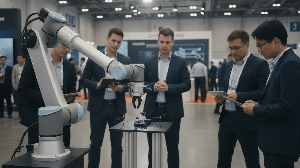 An industrial robot arm performs a task, observed by five men in suits, in a large, brightly lit exhibition hall.