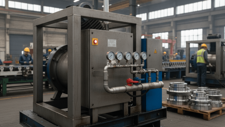 A large industrial air compressor unit with visible pipes and gauges, with other factory equipment and blurred workers in the background.