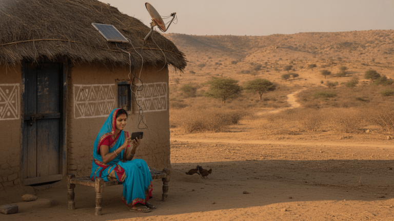 A person in traditional clothing sits outside a hut, using a smartphone in a rural Indian landscape.
