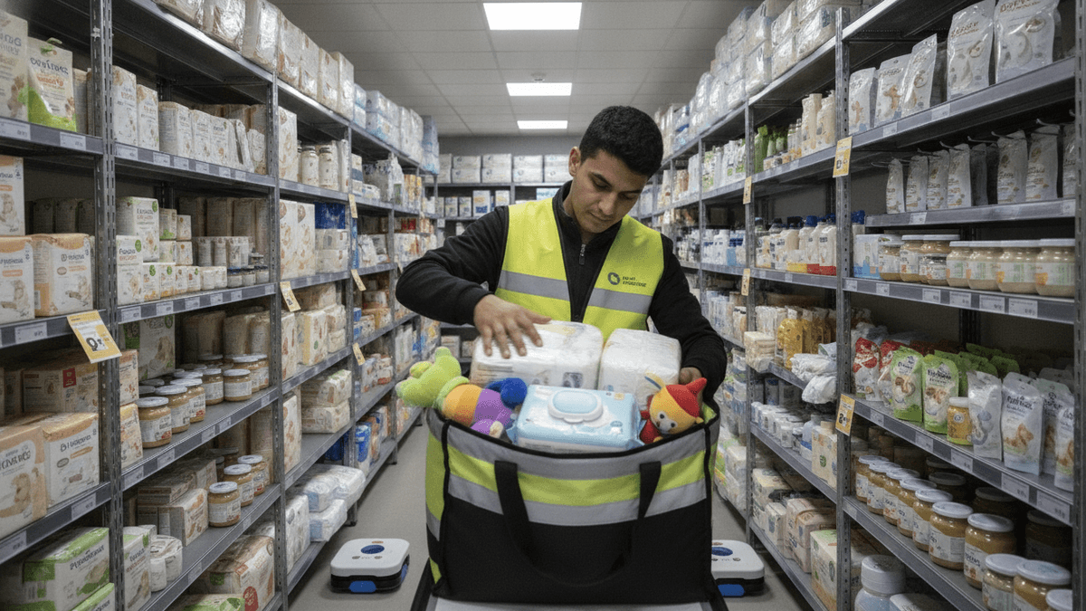 A delivery person in a yellow vest is packing diapers, wipes, and toys into a delivery bag inside a dark store aisle.