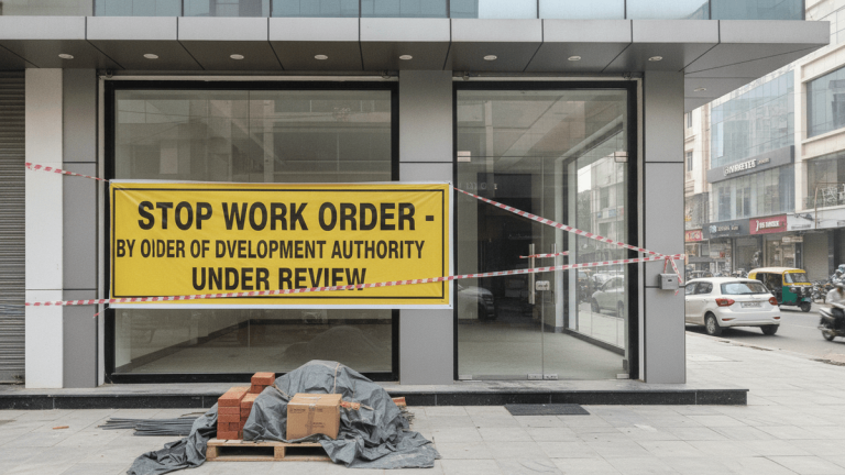 A newly prepared commercial storefront in an Indian city with a yellow "STOP WORK ORDER" banner across it.