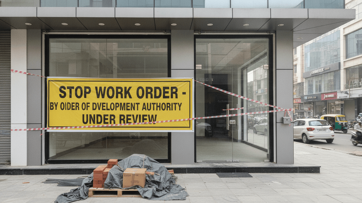 A newly prepared commercial storefront in an Indian city with a yellow "STOP WORK ORDER" banner across it.