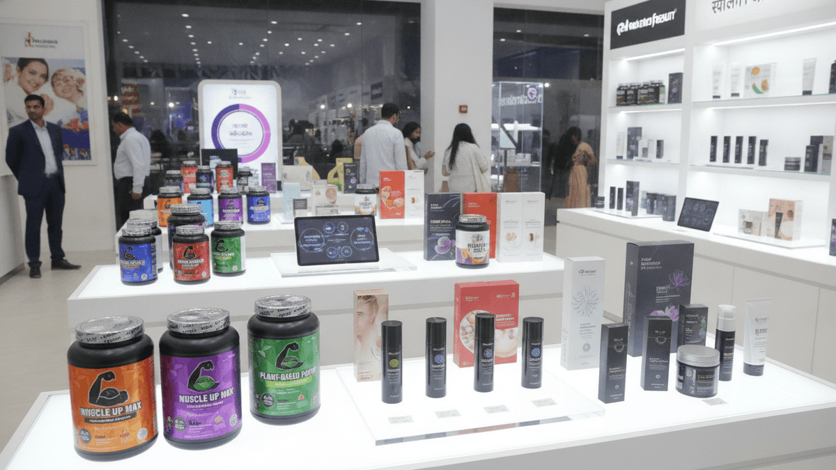 A medium shot of a diverse display of specialized nutrition supplements and advanced beauty products in a modern retail store.