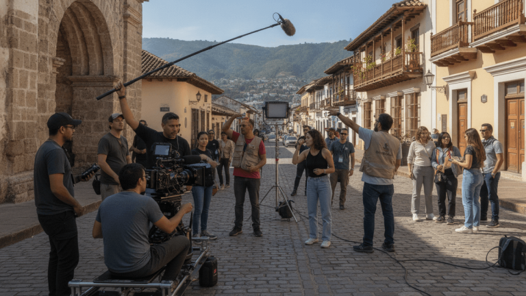 An outdoor film set with a diverse crew, cameras, and equipment, set against a Latin American city backdrop.