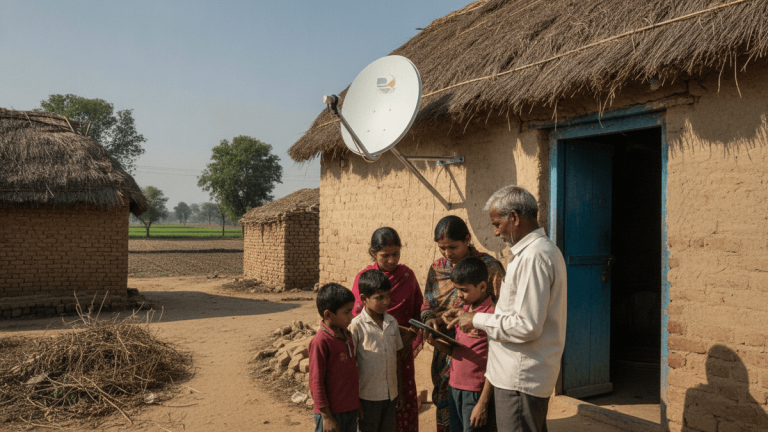 A white satellite dish on a mud-brick house in a rural Indian village, with five people gathered around a digital device.