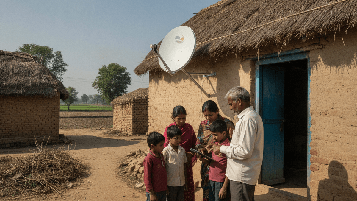 A white satellite dish on a mud-brick house in a rural Indian village, with five people gathered around a digital device.
