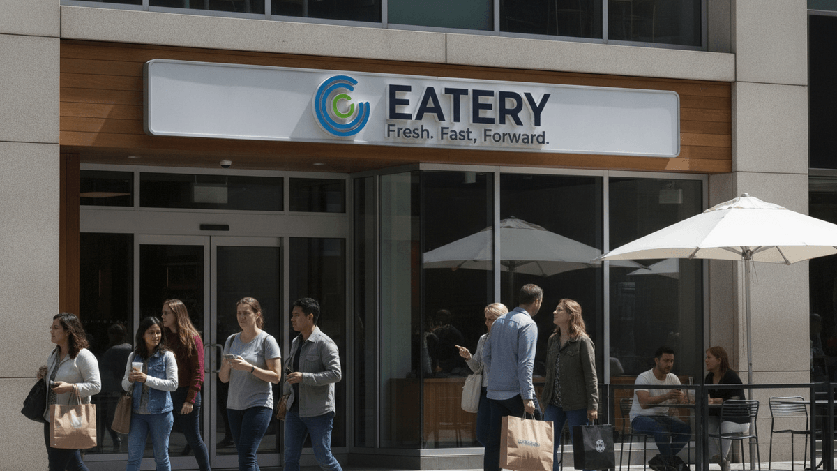 A modern quick-service restaurant facade with a new "EATERY" sign and logo. Pedestrians walk by, some looking at the restaurant.