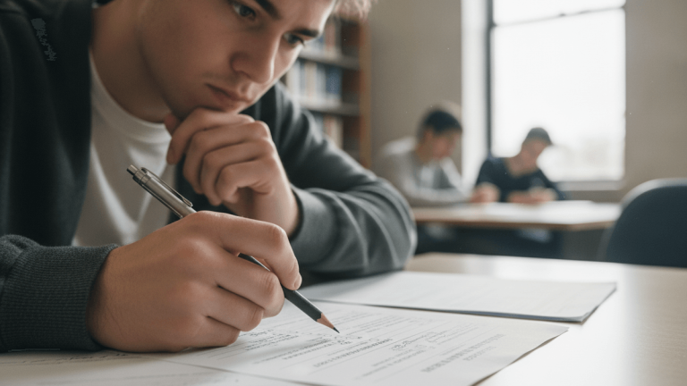 A medium close-up of a student in a library, holding a pen over an examination answer key with visible questions and answers.