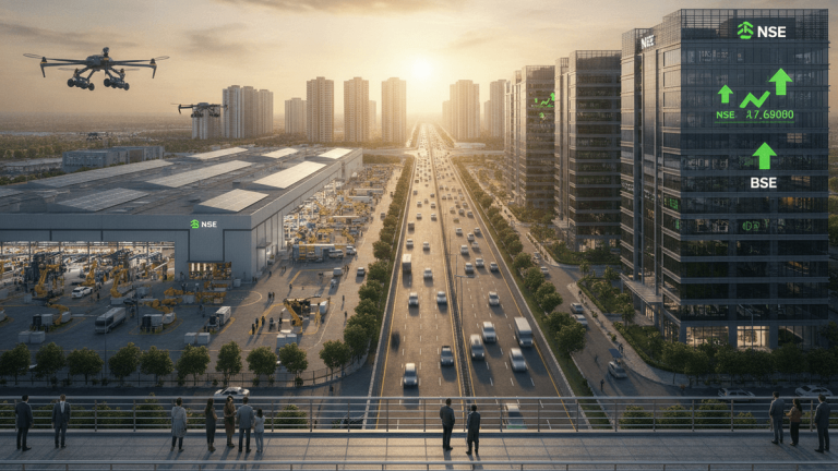 A cityscape with industrial buildings, modern office towers, and a highway at sunrise, showing financial market data.