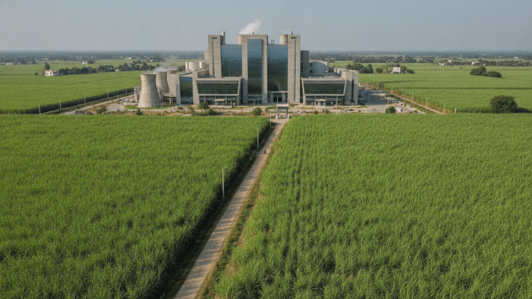 An aerial wide shot of a large, modern biopolymer plant surrounded by vast green sugarcane fields under clear daylight.