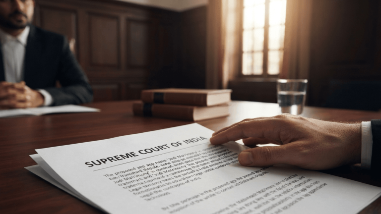 A printed legal document on a wooden table, titled 'SUPREME COURT OF INDIA,' with text mentioning 'Jodi Matrimony' and a hand resting on it.