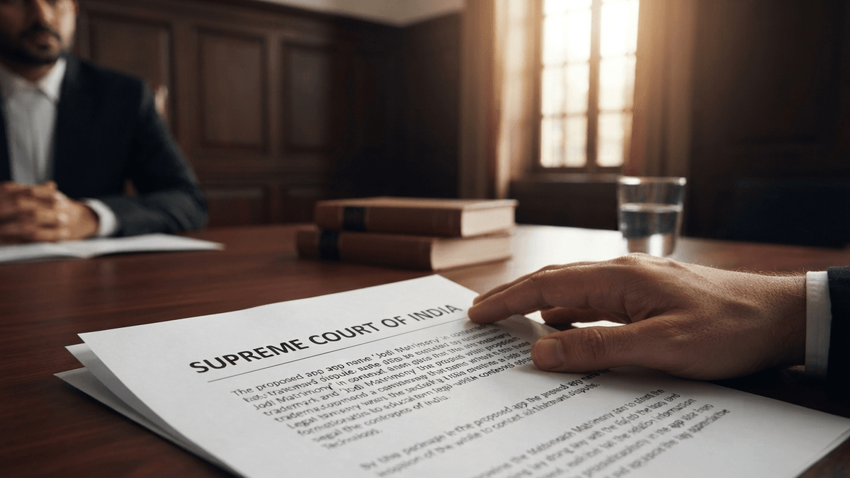 A printed legal document on a wooden table, titled 'SUPREME COURT OF INDIA,' with text mentioning 'Jodi Matrimony' and a hand resting on it.