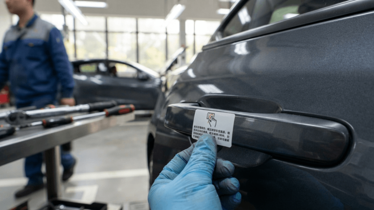 A close-up of a Tesla car door handle with a new warning label, a technician's gloved hand inspecting it.