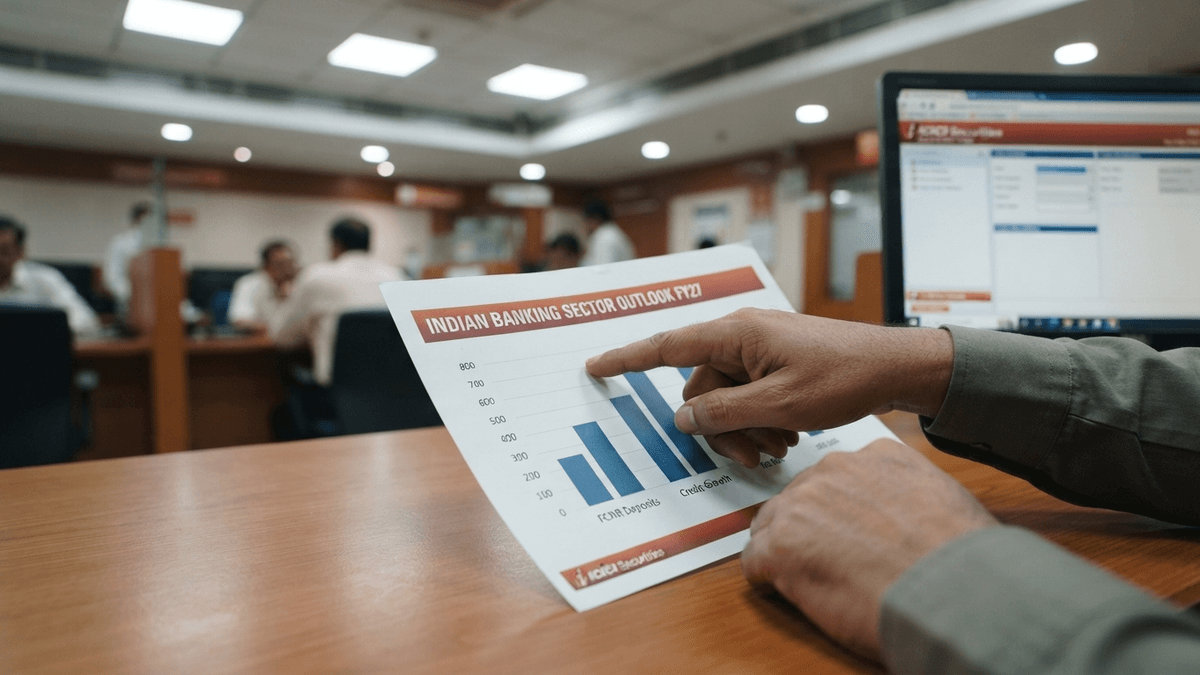 A bank employee's hands point at a printed report titled "INDIAN BANKING SECTOR OUTLOOK FY27" on a desk.