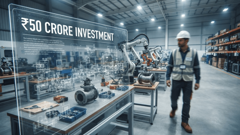 A wide-angle shot of a modern factory floor with robotic arms and workbenches, focused on a digital screen displaying a plant schematic.