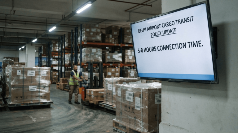A digital display at Delhi Airport cargo terminal shows "5-8 HOURS CONNECTION TIME" above stacked, shrink-wrapped cargo pallets.