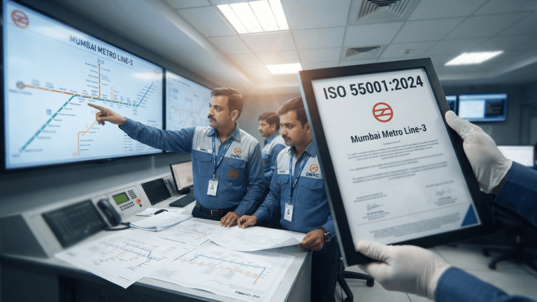 An engineer in a DMRC uniform holds a framed ISO 55001:2024 certificate in a metro control room with screens showing schematics.