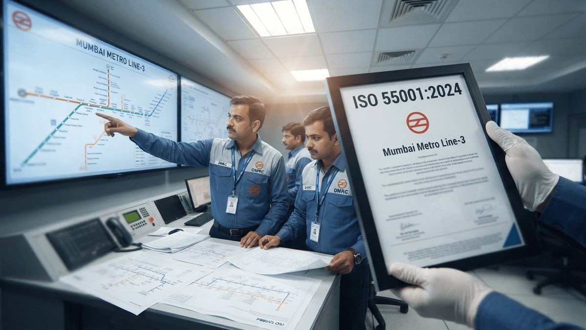 An engineer in a DMRC uniform holds a framed ISO 55001:2024 certificate in a metro control room with screens showing schematics.