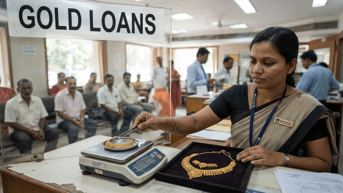 A bank employee in uniform meticulously weighs a gold necklace on a digital scale at a 'Gold Loans' counter in a busy bank branch.