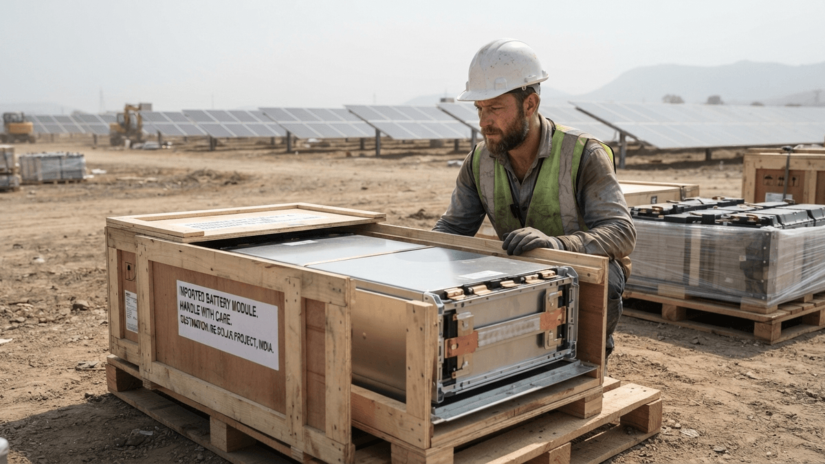 A worker in a hard hat inspects a large, unbranded battery module in a partially opened wooden crate at a solar farm construction site.