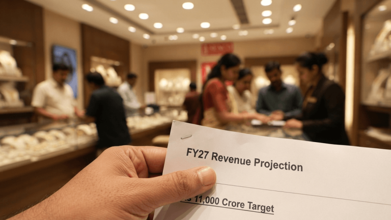 Close-up of a hand holding a business plan document titled 'FY27 Revenue Projection' in a jewelry store. 'Rs 11,000 Crore Target' is partially visible.
