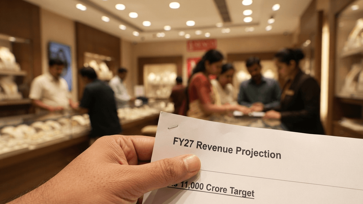 Close-up of a hand holding a business plan document titled 'FY27 Revenue Projection' in a jewelry store. 'Rs 11,000 Crore Target' is partially visible.