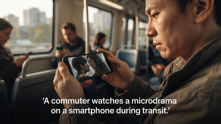 A person on a train or bus watches a video on a generic smartphone, engrossed in the content, with blurred fellow passengers in the background.