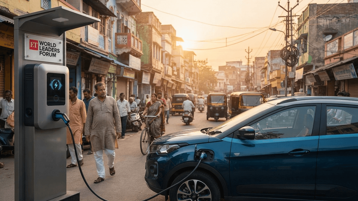 A medium shot of an electric vehicle charging at a public station on a bustling urban street in India during golden hour.