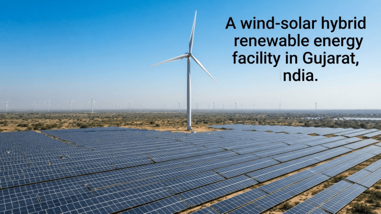 An aerial wide-angle shot of a vast wind-solar hybrid facility in Gujarat, showing towering wind turbines and rows of solar panels under bright sun.