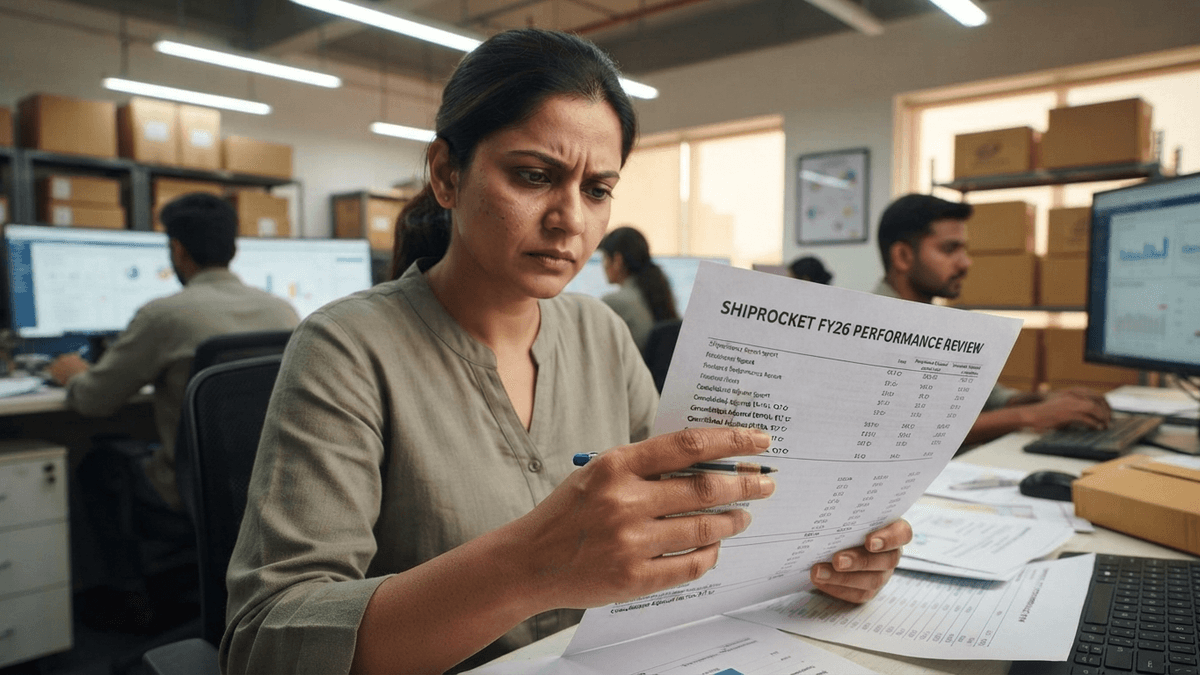 A person's hand with a pen partially covers a financial report titled 'SHIPROCKET FY26 PERFORMANCE REVIEW' on a desk in an office.