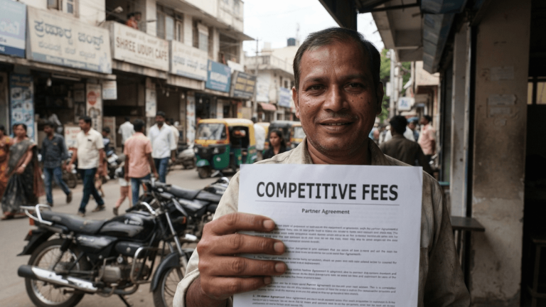 A restaurant owner holds a document with a 'COMPETITIVE FEES' headline, a bustling Bengaluru street in the background.
